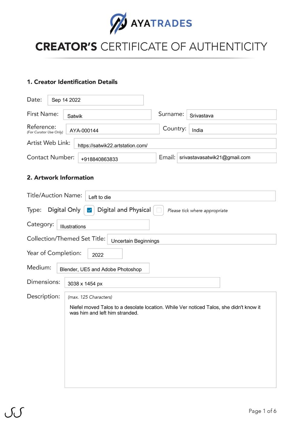 Certificate of Authenticity and Consignment - Left To Die