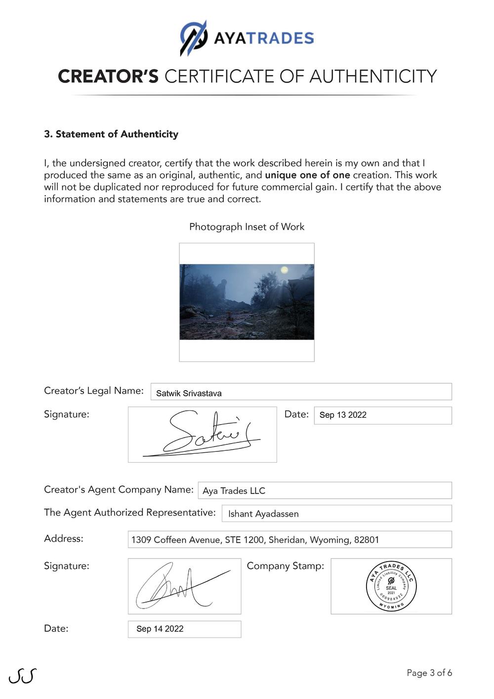 Certificate of Authenticity and Consignment - Left To Die