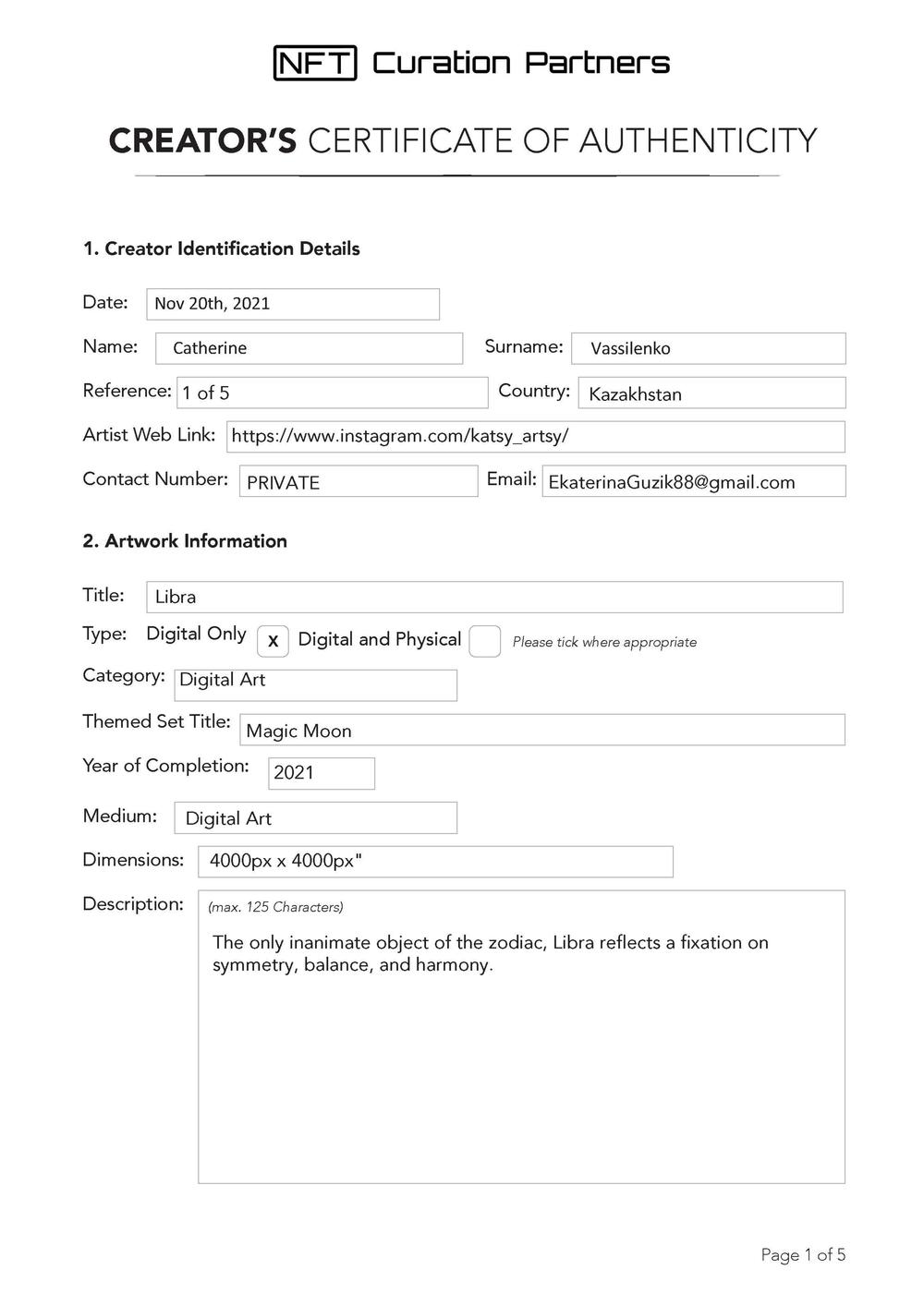 Certificate of Authenticity and Consignment - Libra