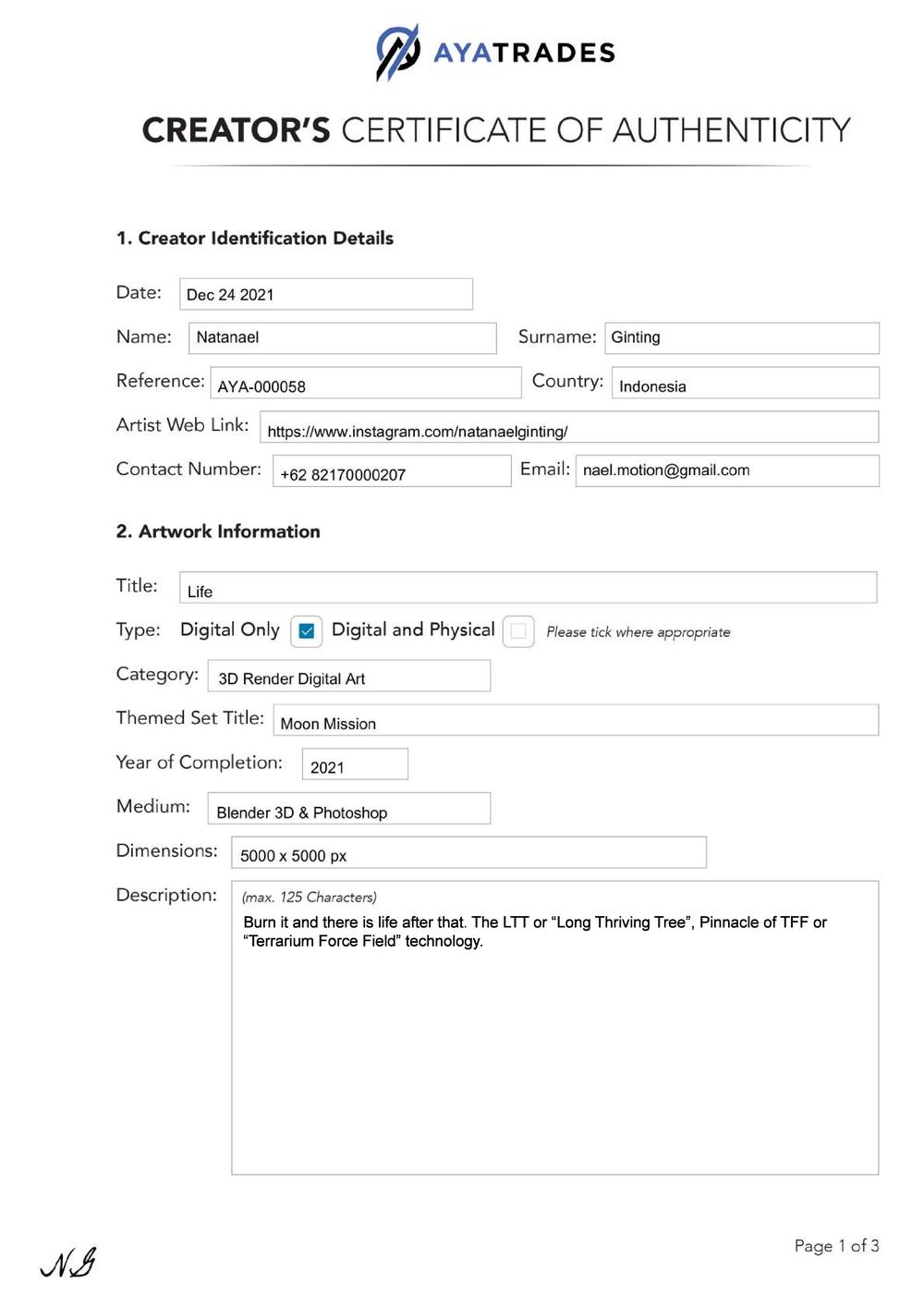 Certificate of Authenticity and Consignment - Life