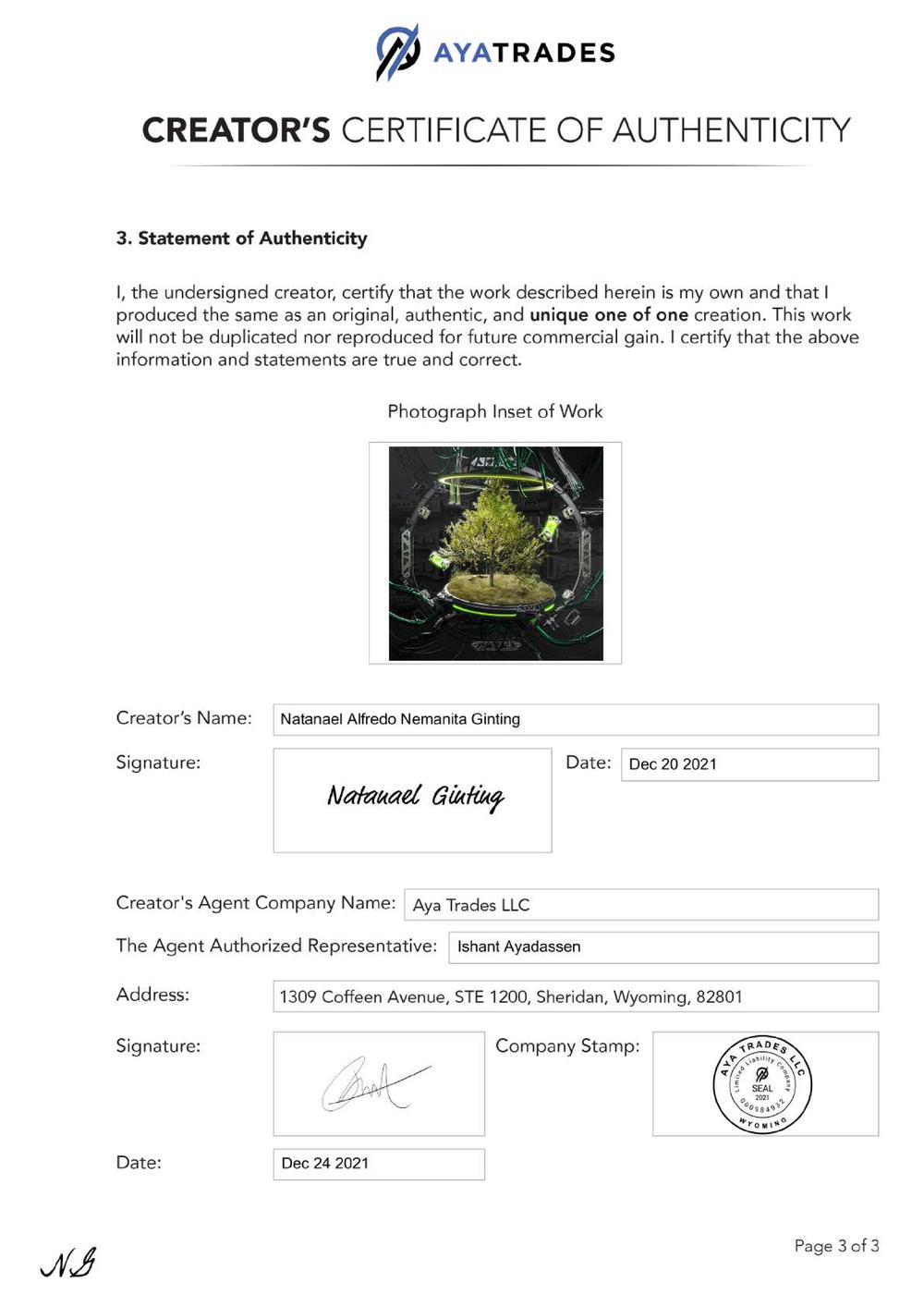 Certificate of Authenticity and Consignment - Life