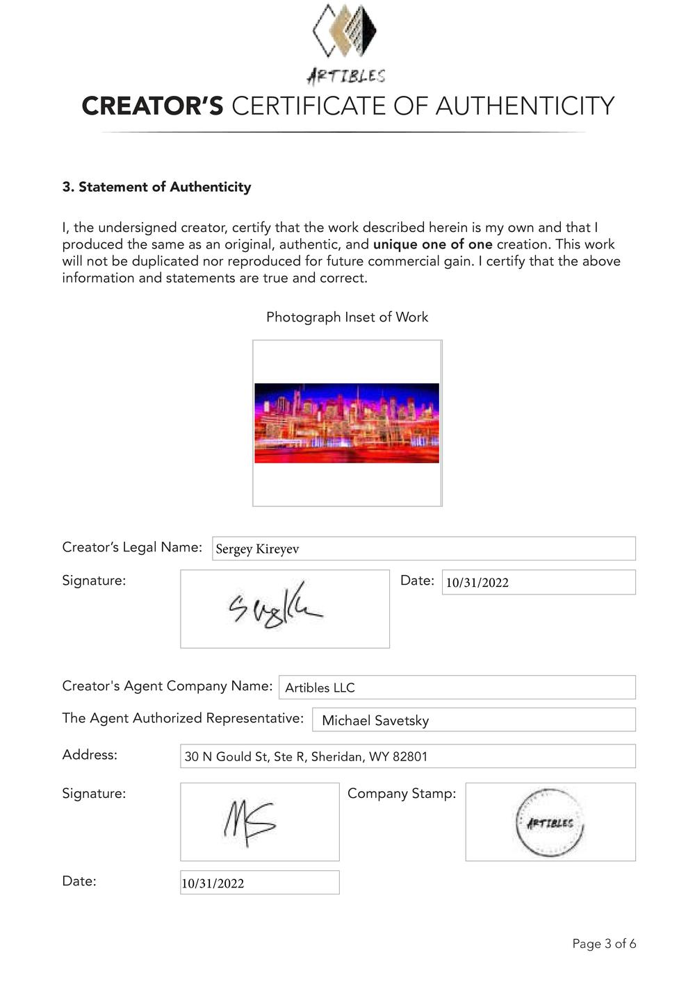 Certificate of Authenticity and Consignment - Light Show