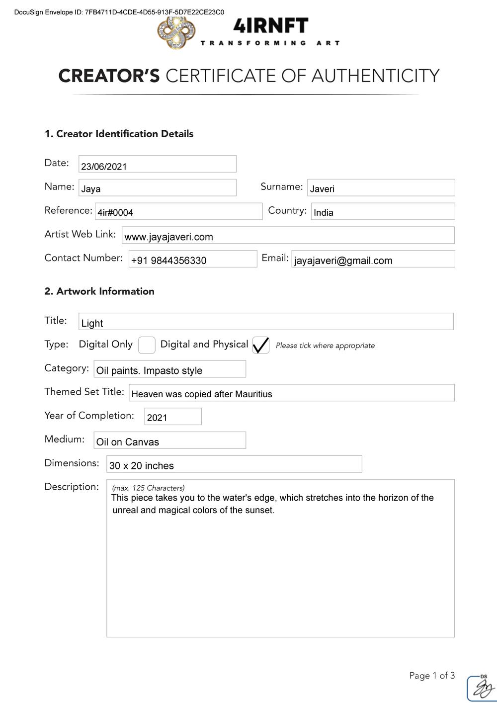 Certificate of Authenticity and Consignment Light