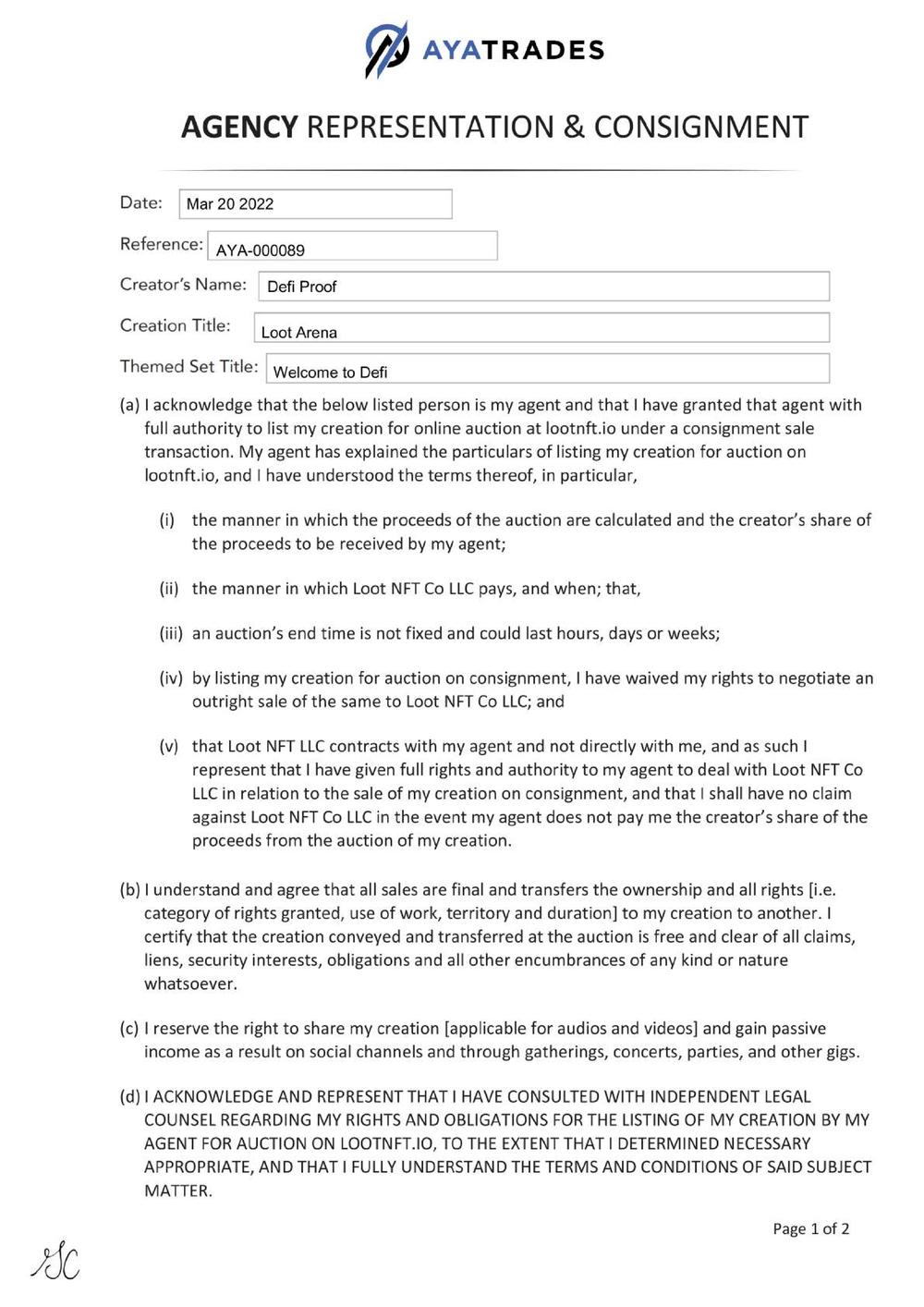 Certificate of Authenticity and Consignment - Loot Arena