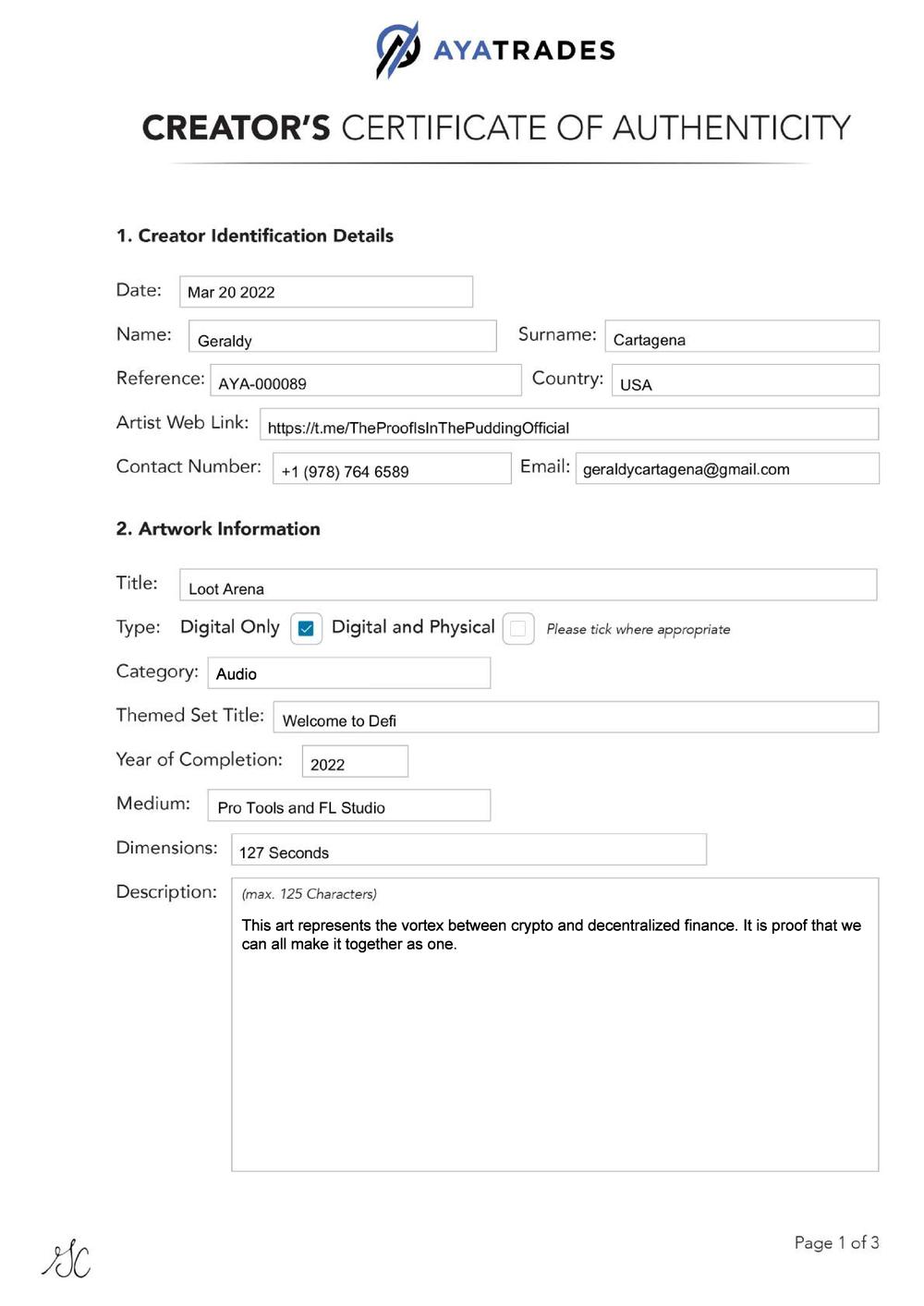 Certificate of Authenticity and Consignment - Loot Arena