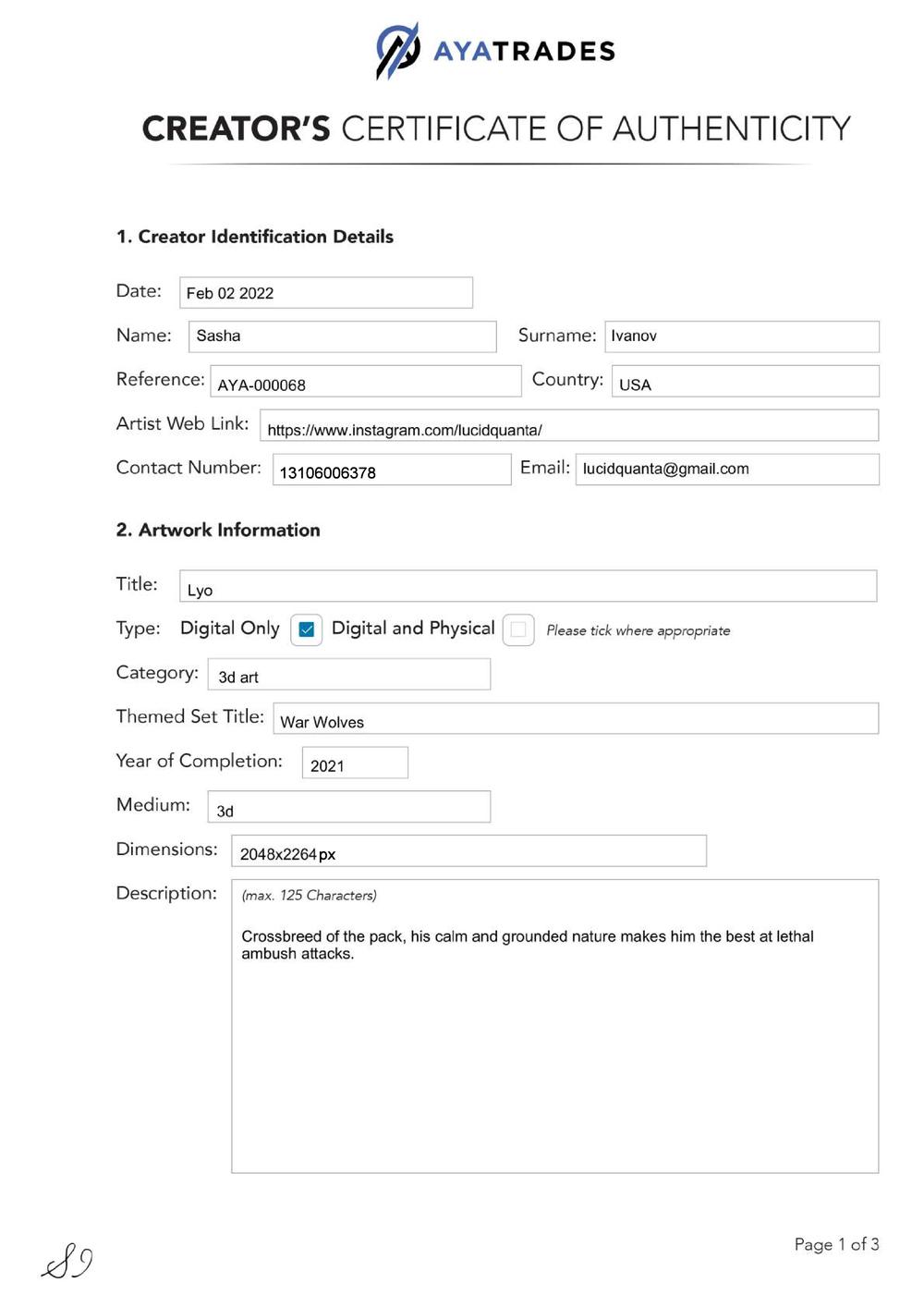 Certificate of Authenticity and Consignment - Lyo