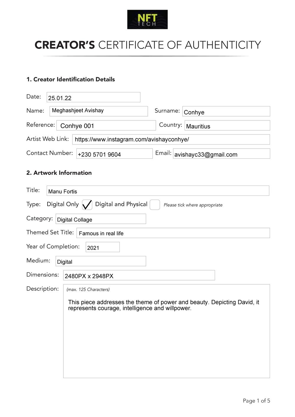 Certificate of Authenticity and Consignment - Manu Fortis