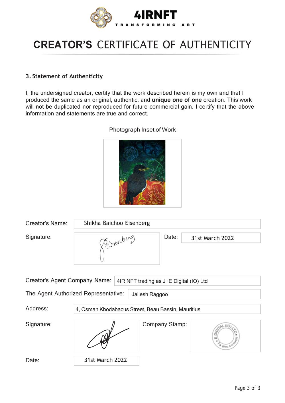 Certificate of Authenticity and Consignment - Marty the Myenah
