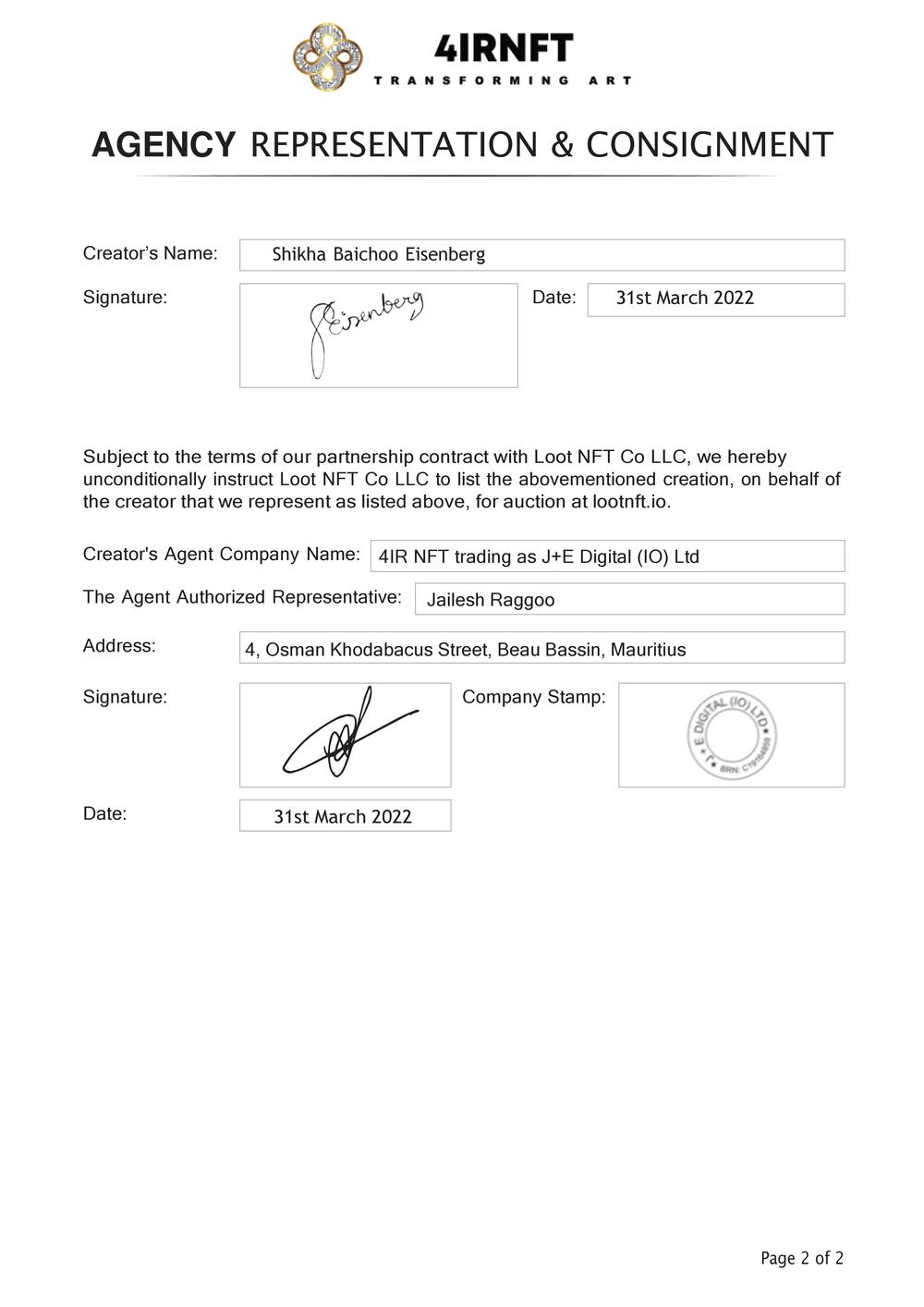 Certificate of Authenticity and Consignment - Marty the Myenah