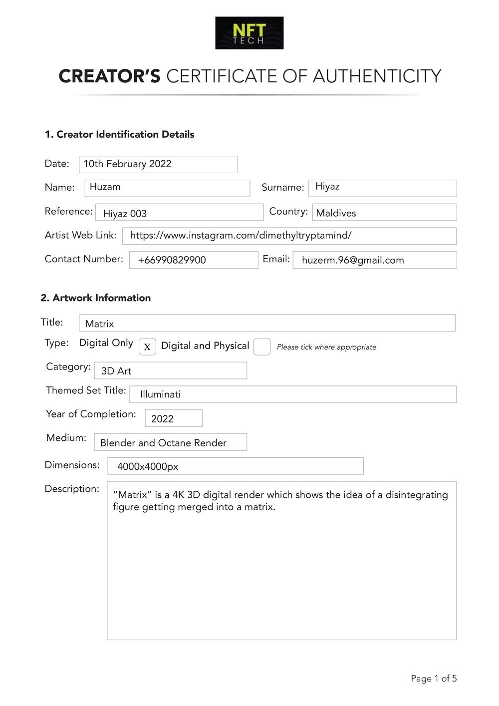 Certificate of Authenticity and Consignment - Matrix