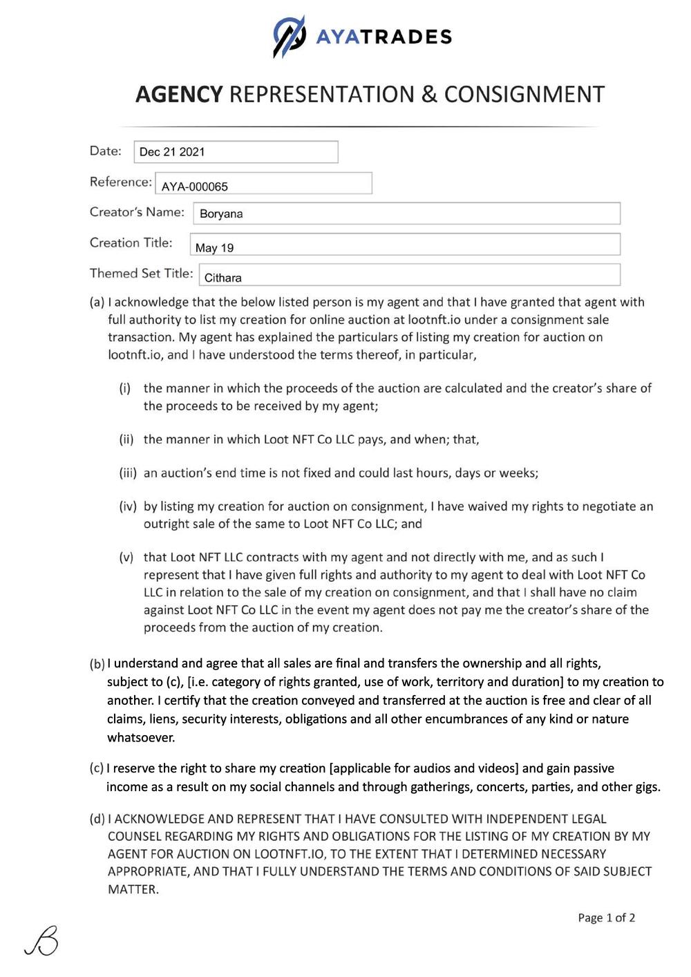 Certificate of Authenticity and Consignment - May 19