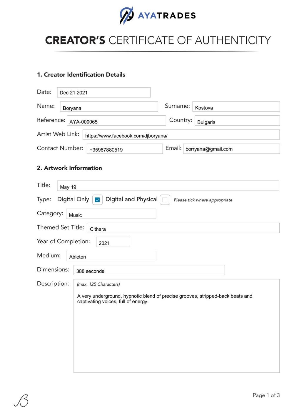 Certificate of Authenticity and Consignment - May 19