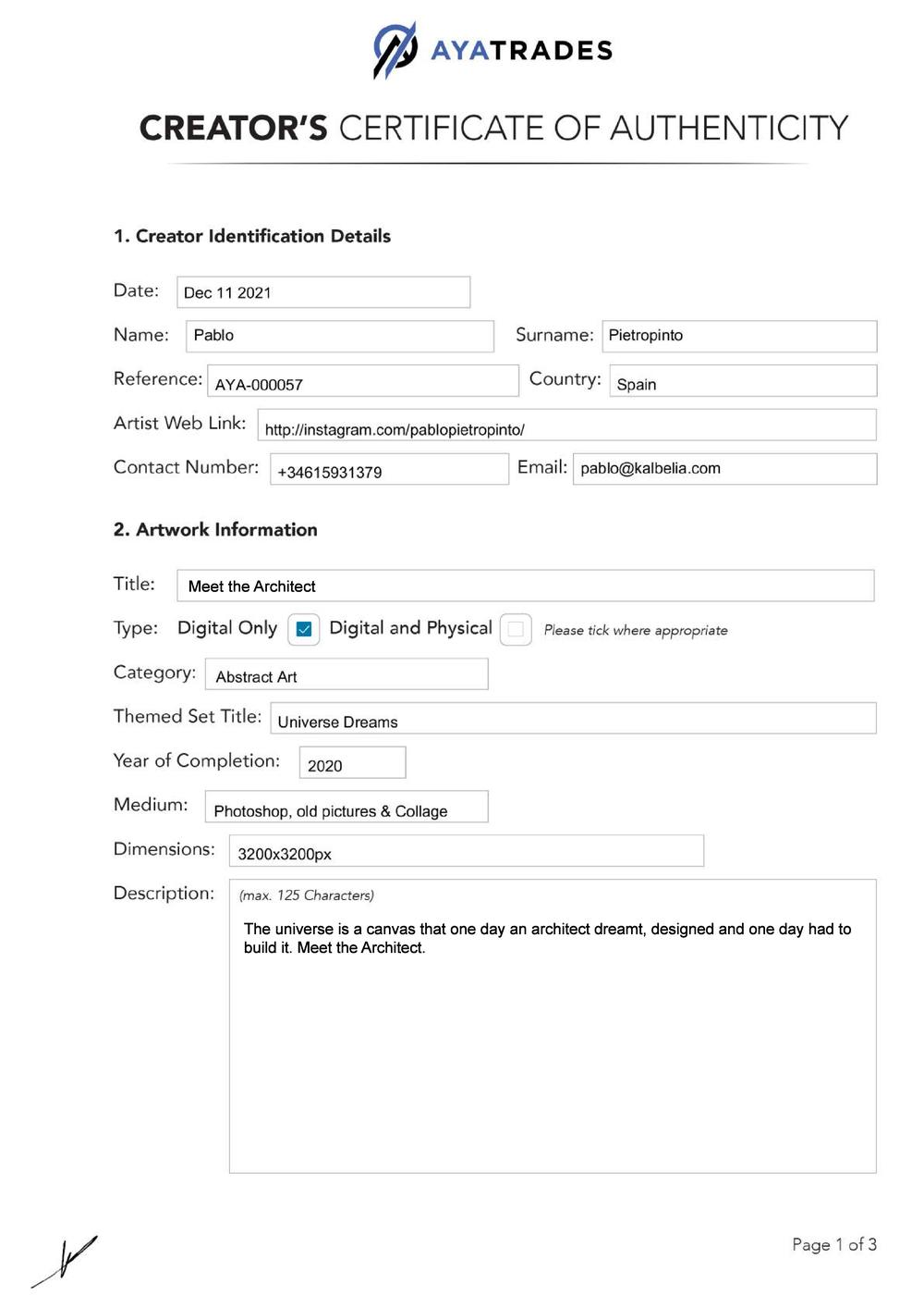 Certificate of Authenticity and Consignment - Meet the Architect