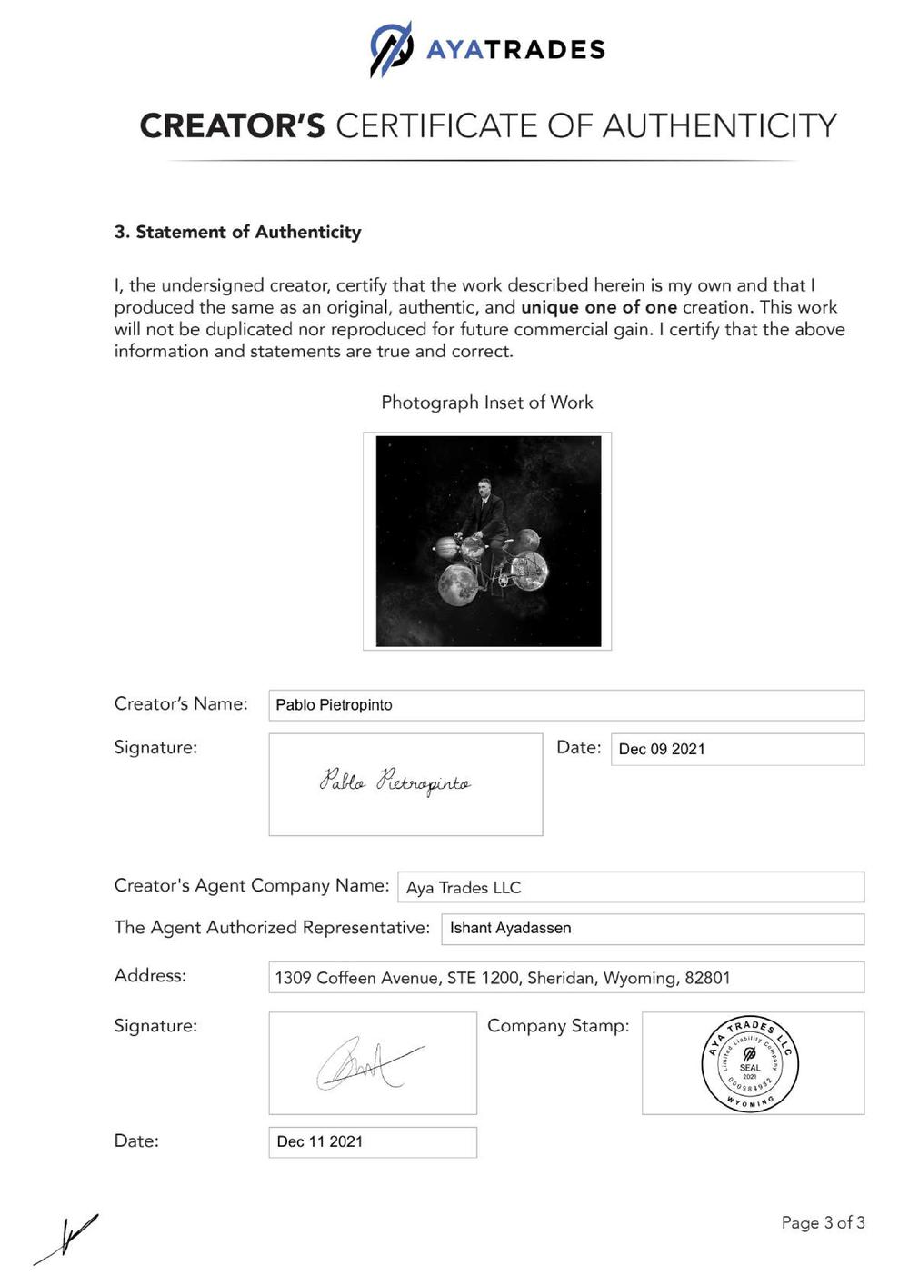 Certificate of Authenticity and Consignment - Meet the Architect