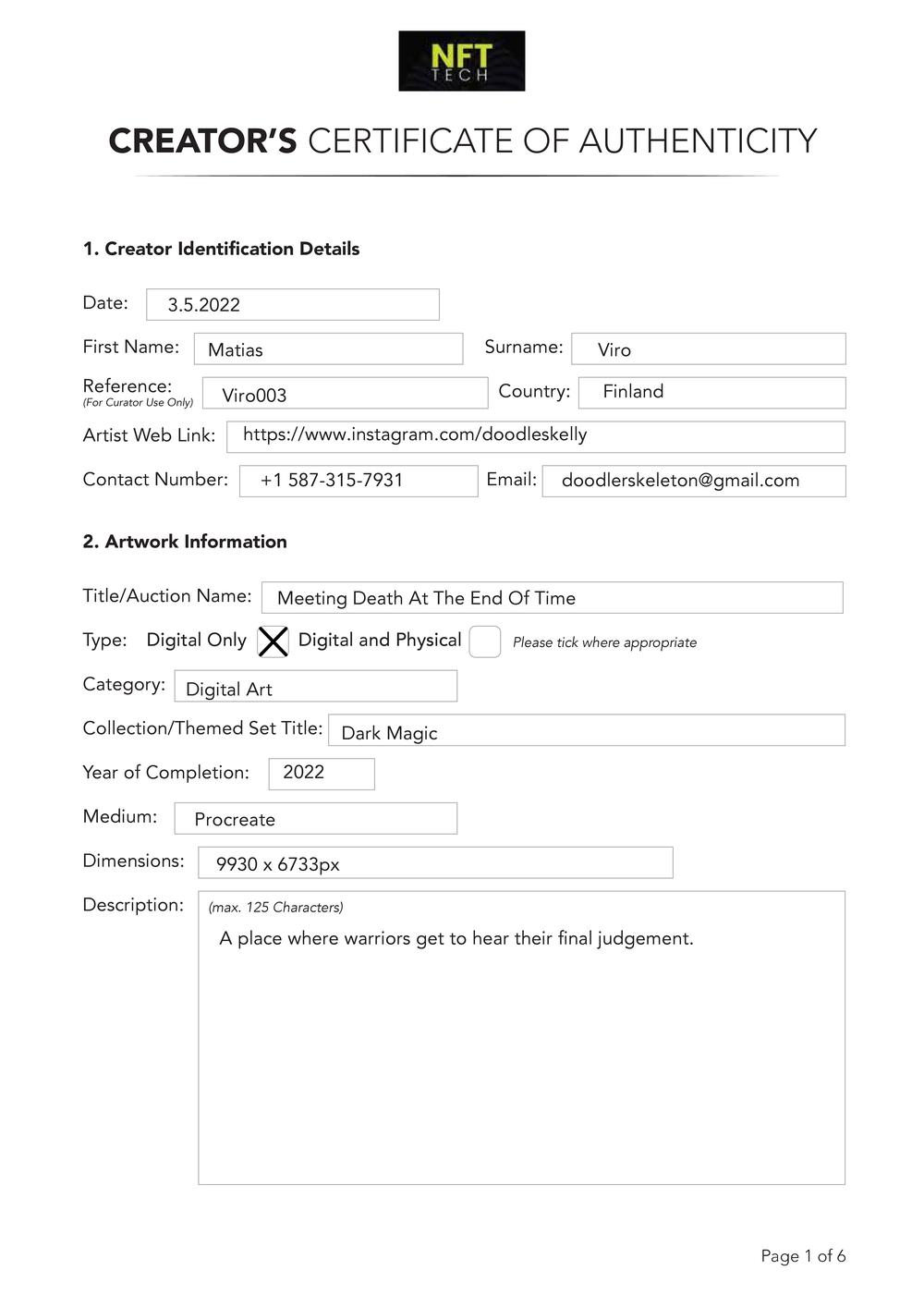 Certificate of Authenticity and Consignment - Meeting Death at the End of Time