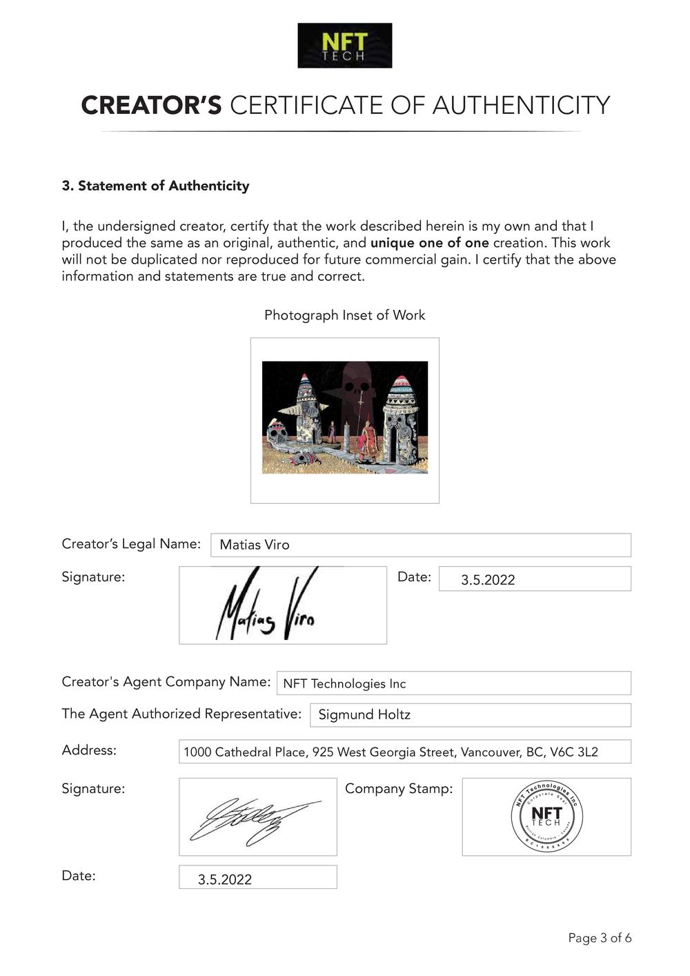 Certificate of Authenticity and Consignment - Meeting Death at the End of Time