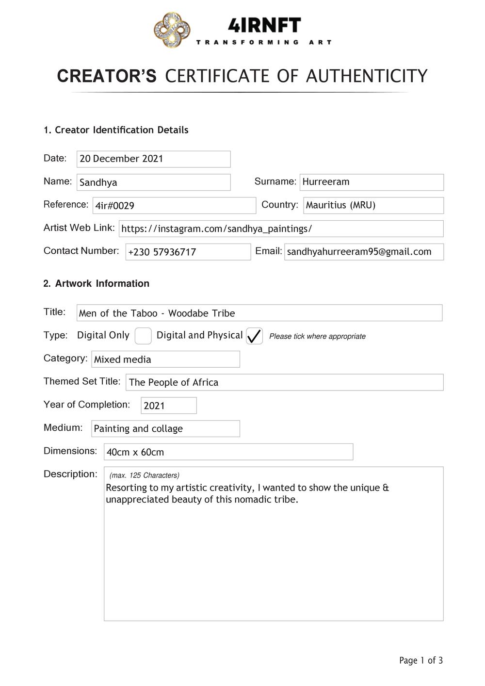 Certificate of Authenticity and Consignment - Men of the Taboo - Woodabe Tribe