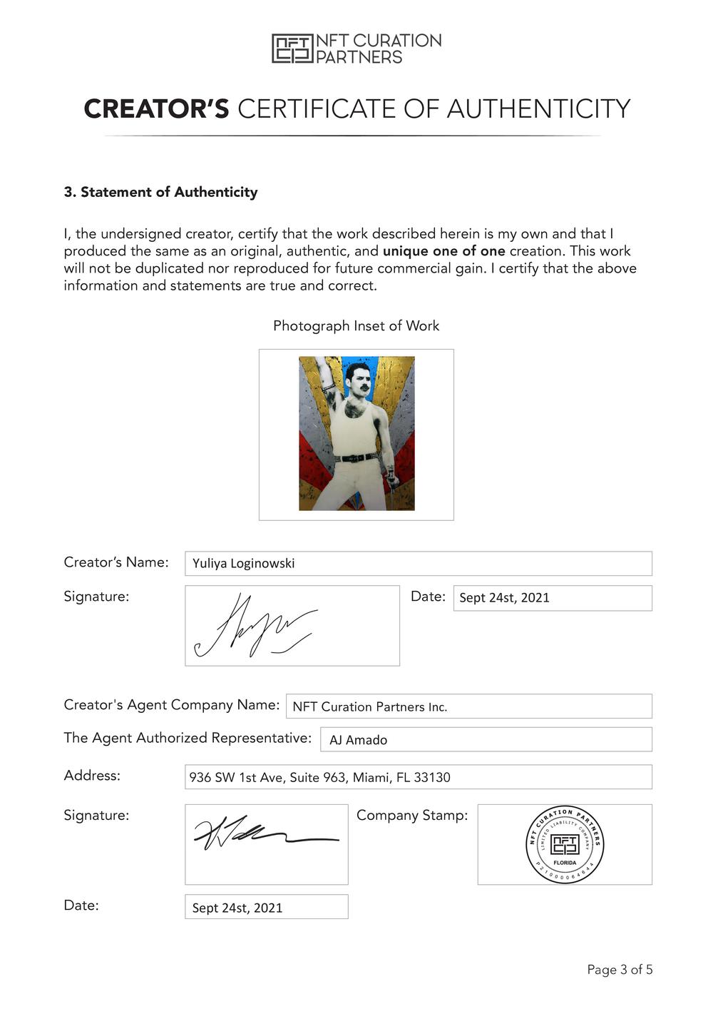 Certificate of Authenticity and Consignment - Mercury Rising