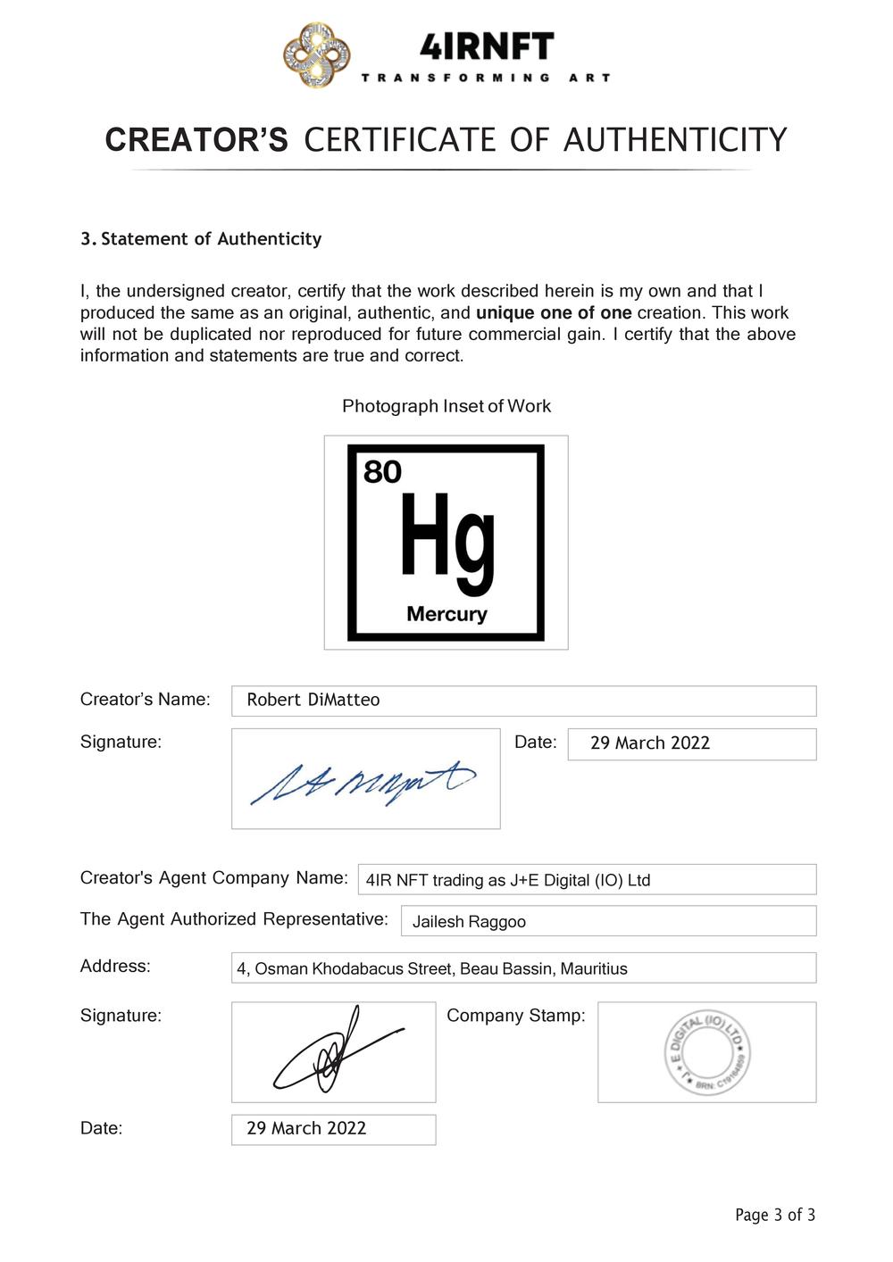 Certificate of Authenticity and Consignment - Mercury
