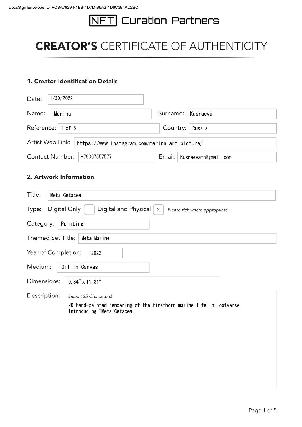 Certificate of Authenticity and Consignment - Meta Cetacea