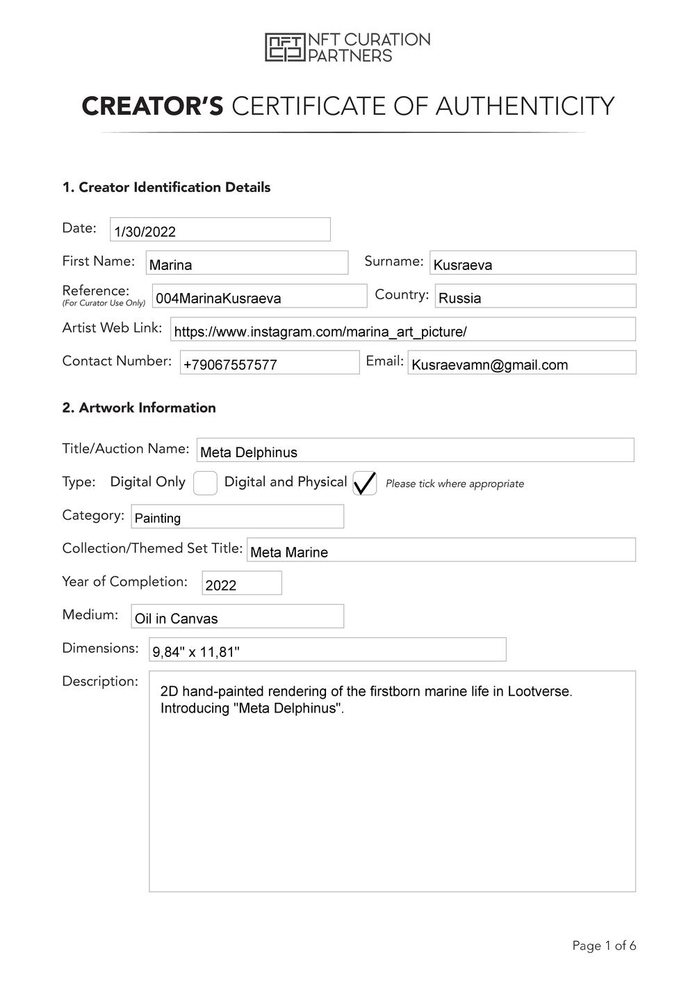 Certificate of Authenticity and Consignment - Meta Delphinus