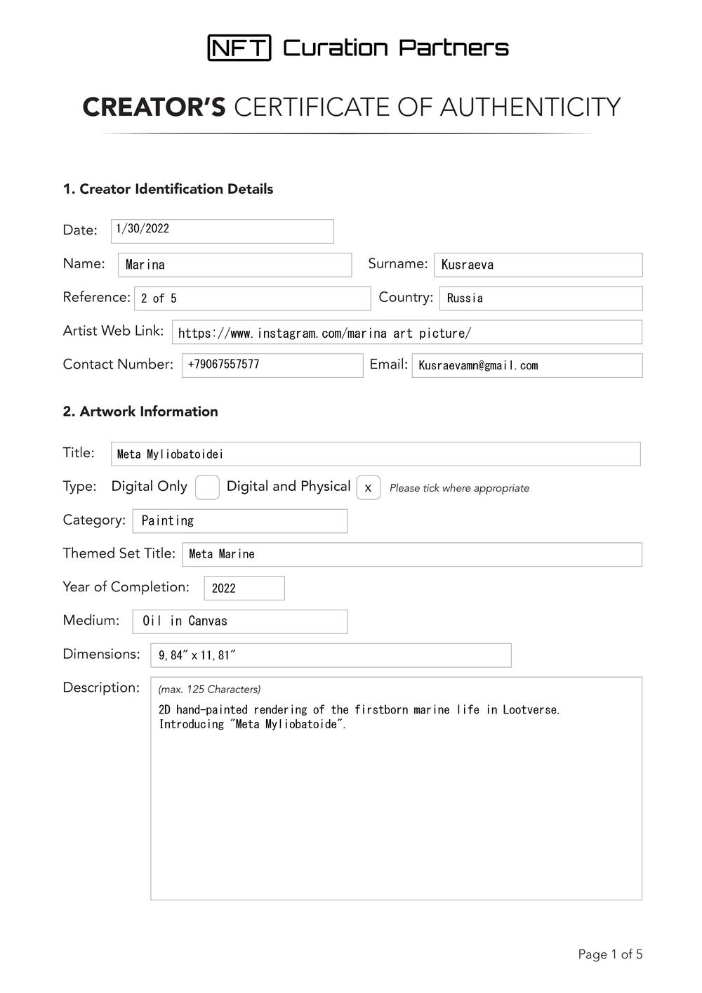 Certificate of Authenticity and Consignment - Meta Myliobatoidei