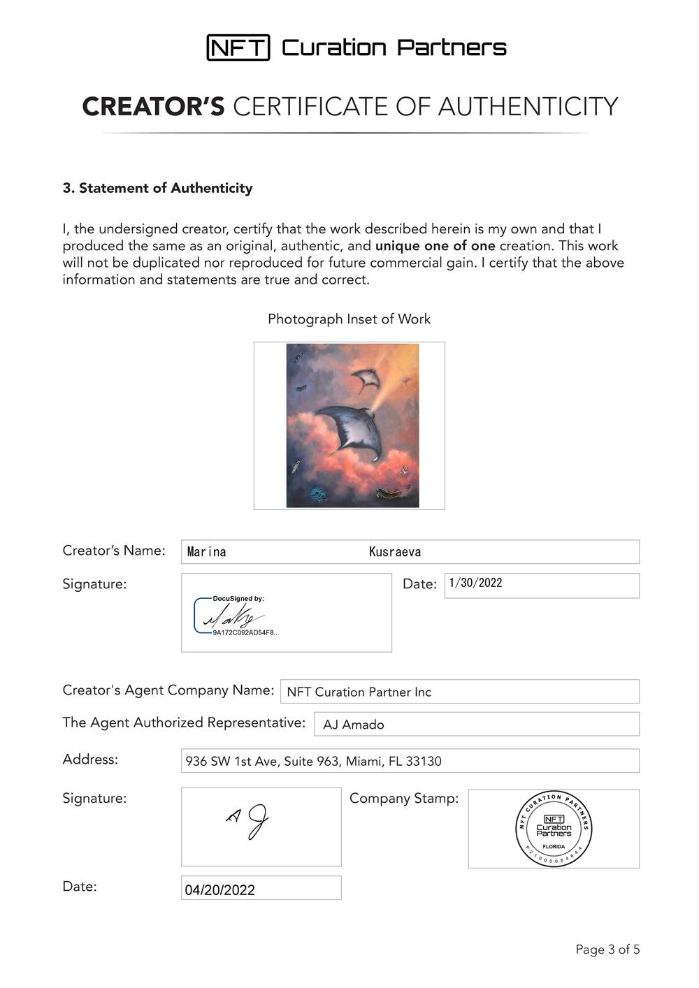 Certificate of Authenticity and Consignment - Meta Myliobatoidei