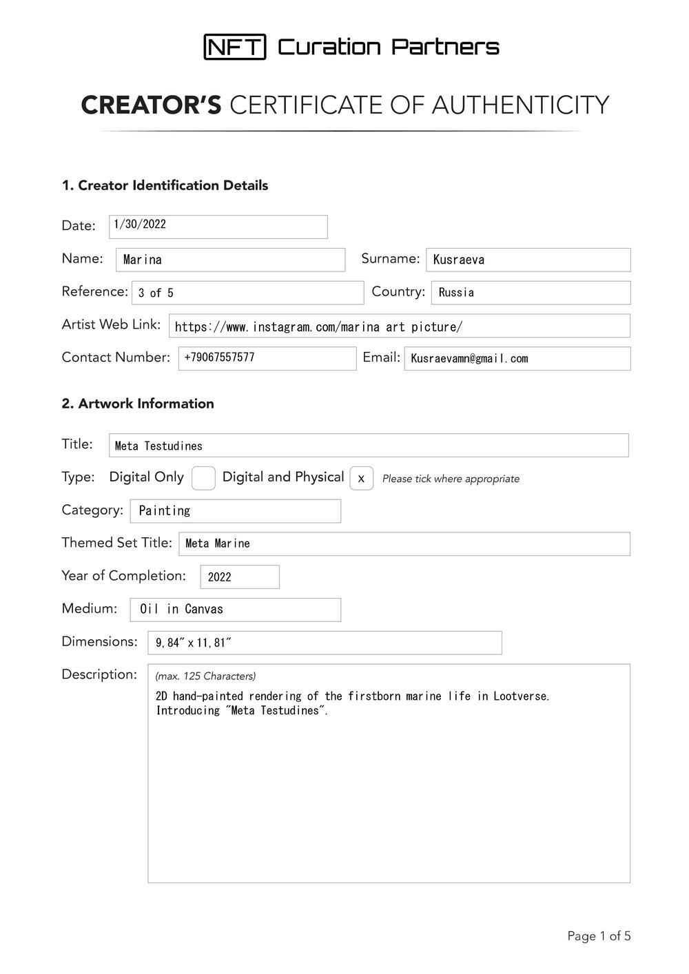 Certificate of Authenticity and Consignment - Meta Testudines