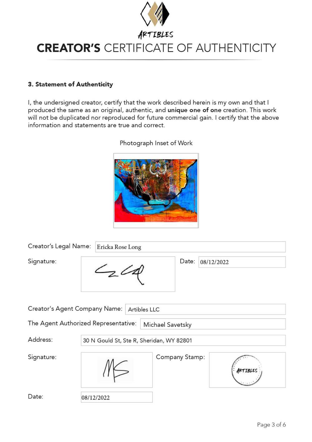 Certificate of Authenticity and Consignment - Monsoon Wall - Ericka Rose