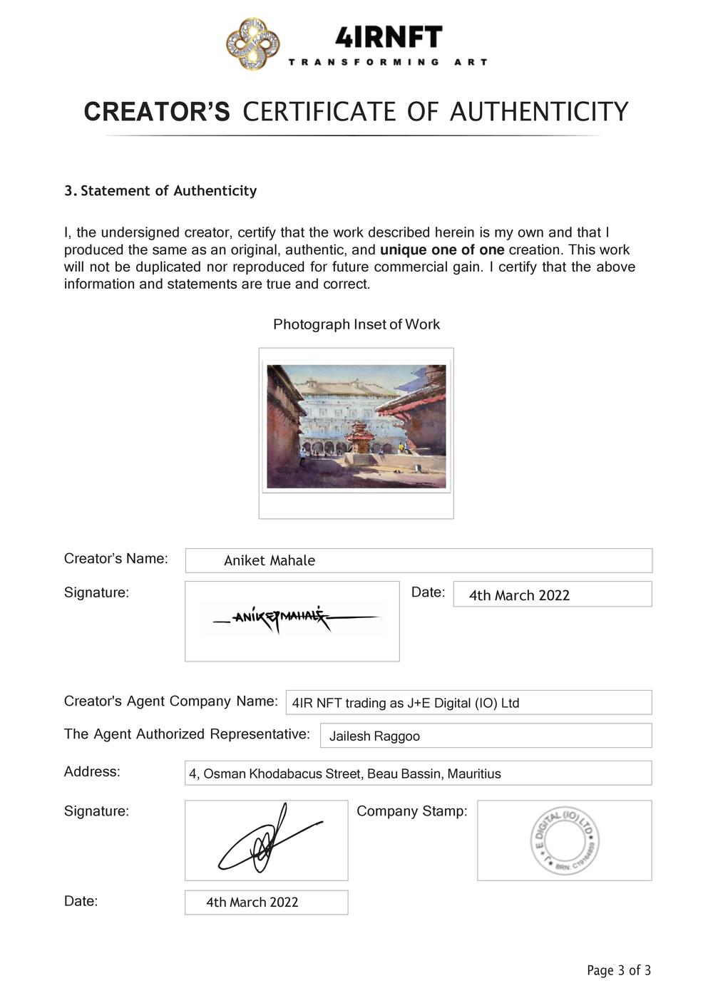 Certificate of Authenticity and Consignment - Morning Prayers