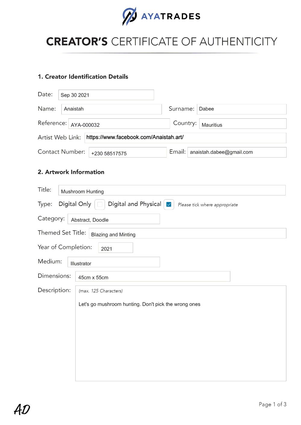 Certificate of Authenticity and Consignment - Mushroom Hunting