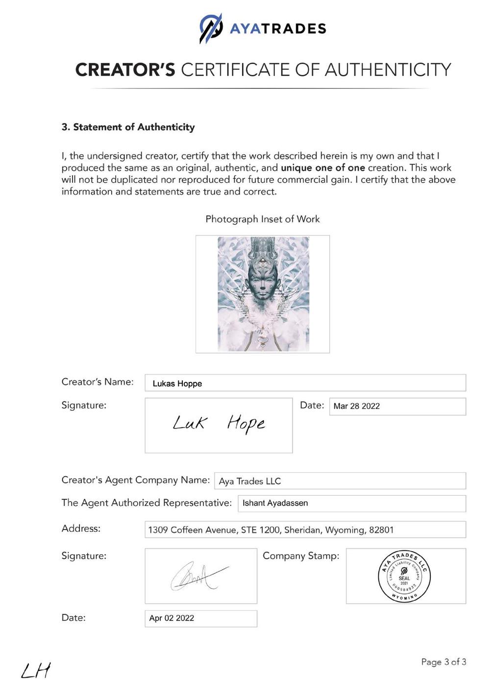 Certificate of Authenticity and Consignment - Naila
