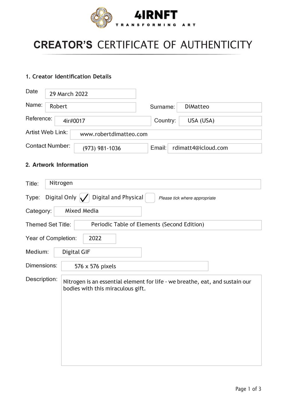 Certificate of Authenticity and Consignment - Nitrogen