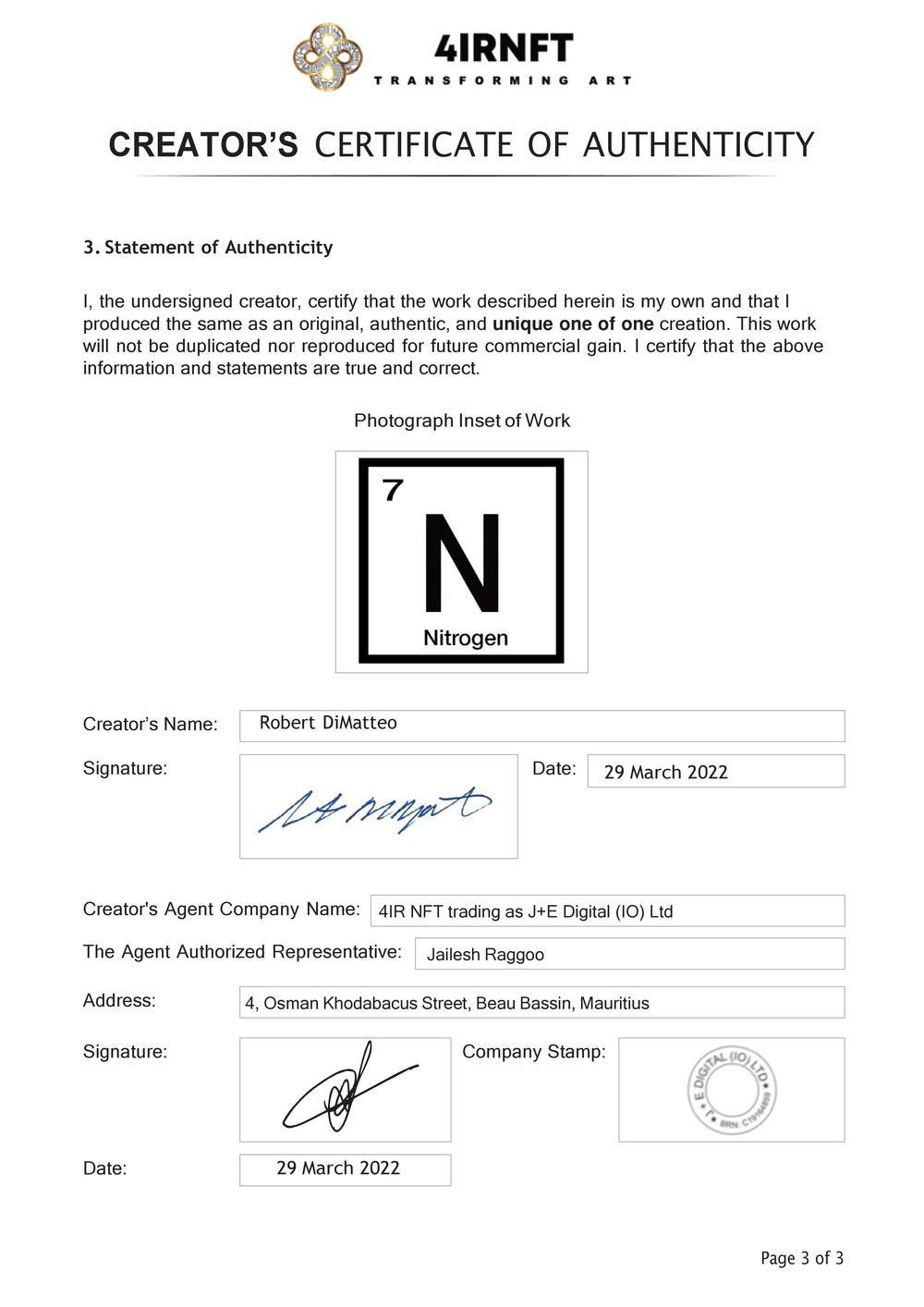 Certificate of Authenticity and Consignment - Nitrogen