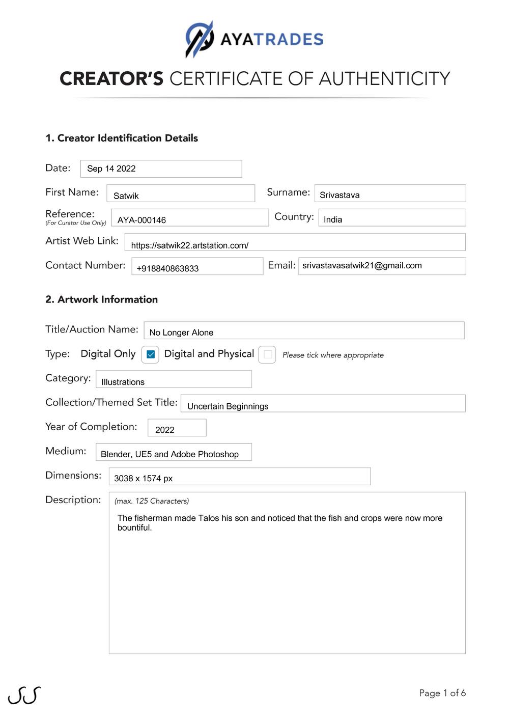 Certificate of Authenticity and Consignment - No Longer Alone