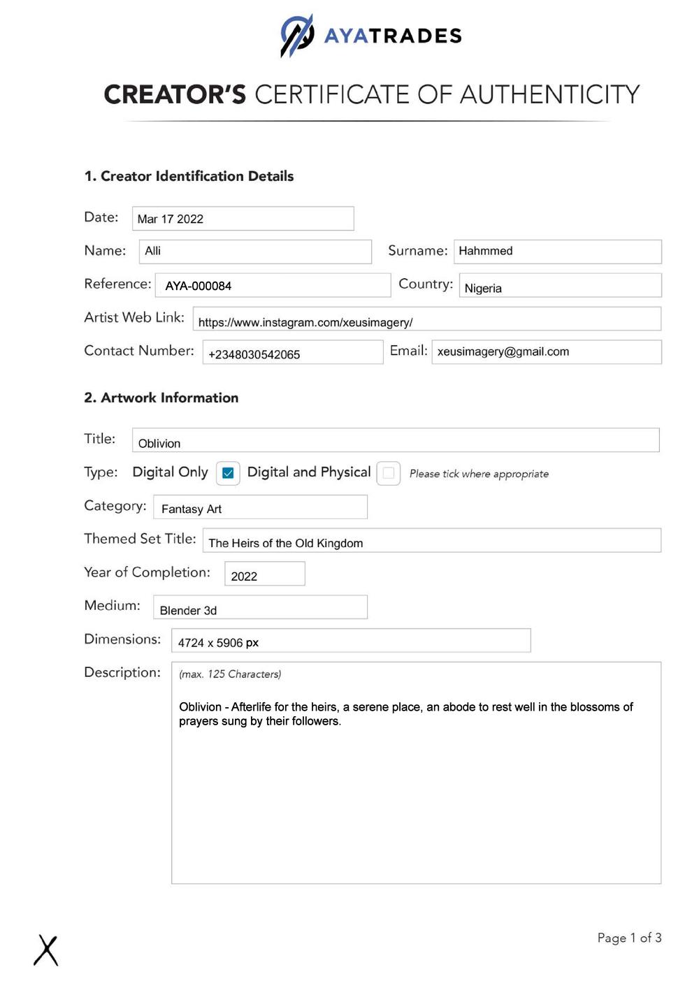 Certificate of Authenticity and Consignment - Oblivion