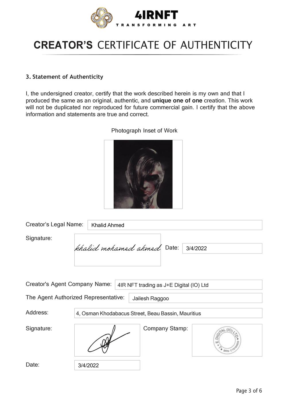 Certificate of Authenticity and Consignment - Ominous