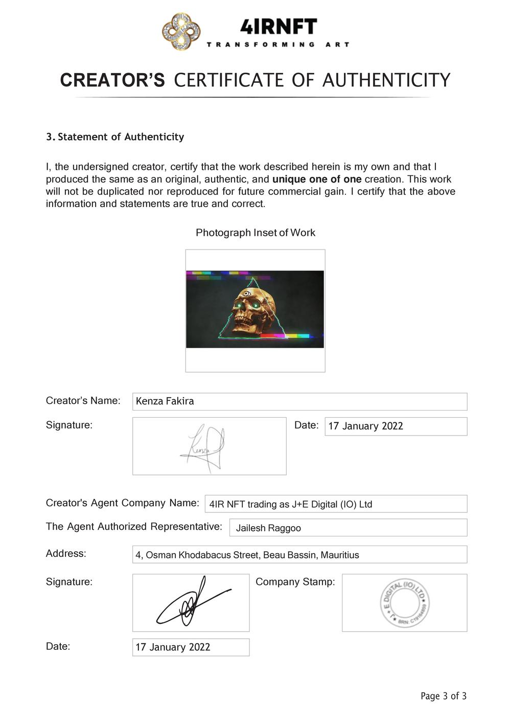 Certificate of Authenticity and Consignment - Omniscient