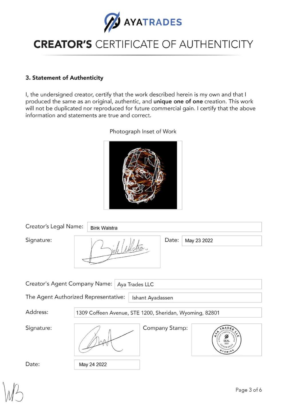 Certificate of Authenticity and Consignment - Orchrebot