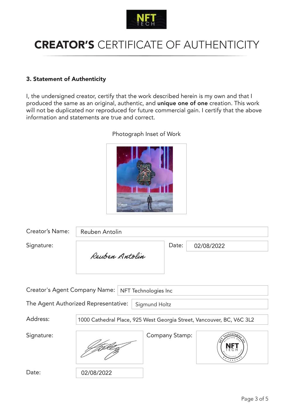 Certificate of Authenticity and Consignment - Painted Sky