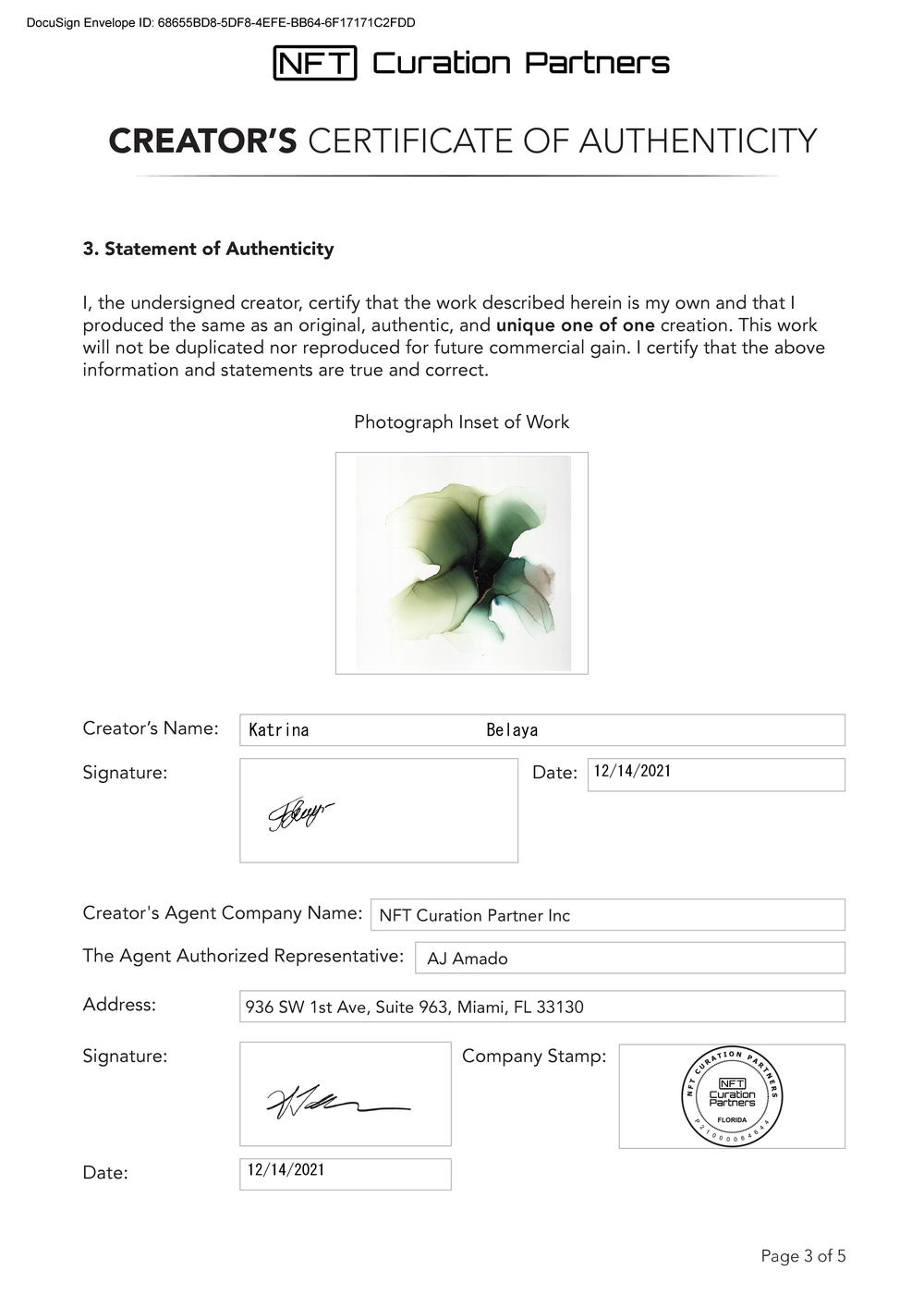 Certificate of Authenticity and Consignment - Peridot Bloom