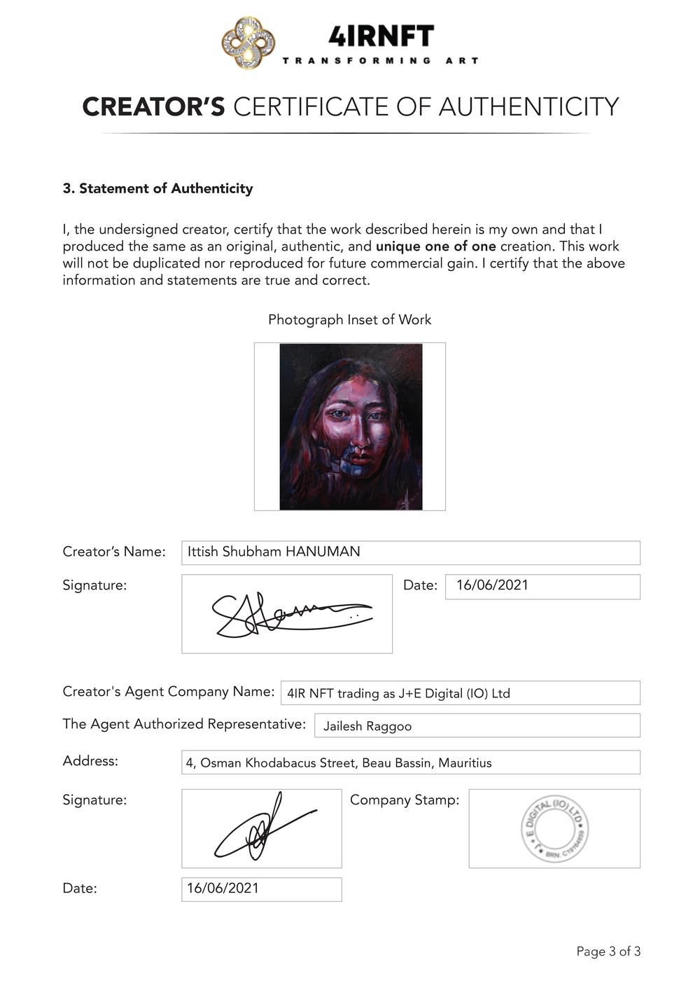 Certificate of Authenticity and Consignment_Plague 3021_Hanuman