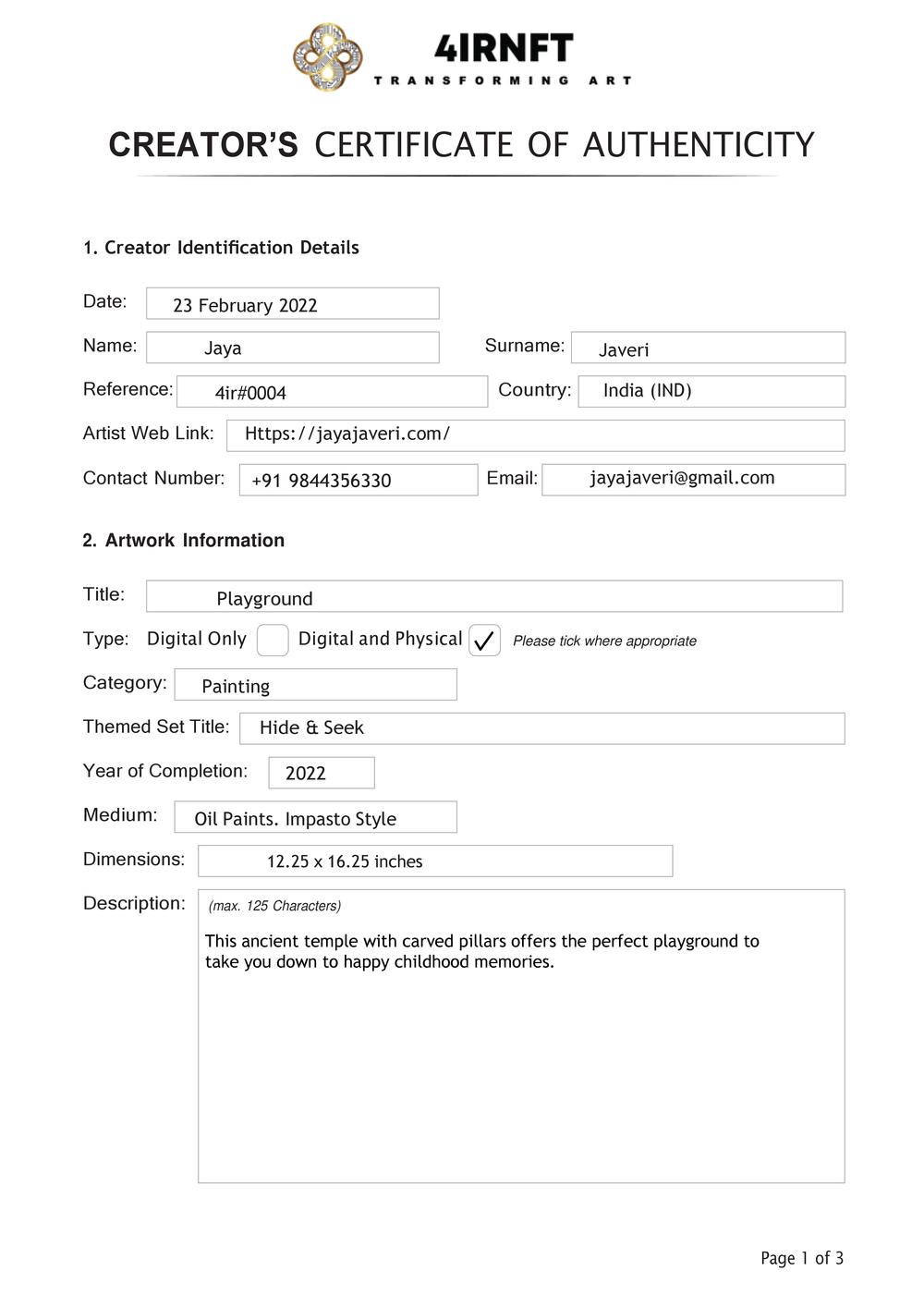 Certificate of Authenticity and Consignment - Playground