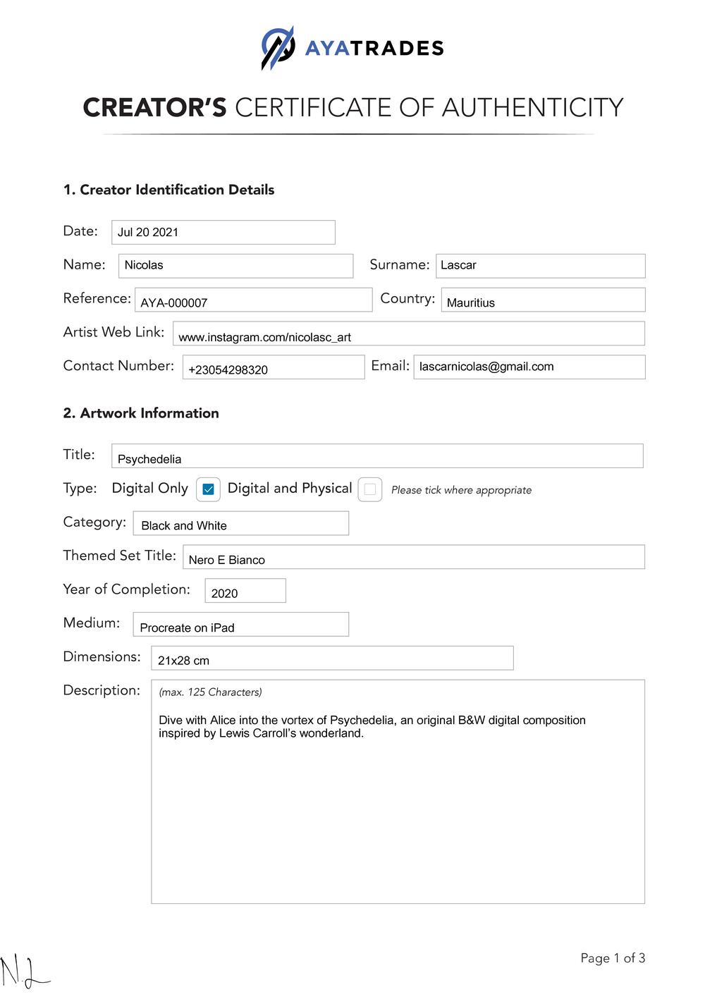 Certificate of Authenticity and Consignment Psychedelia