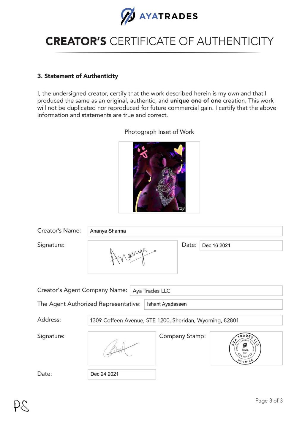 Certificate of Authenticity and Consignment - Purple