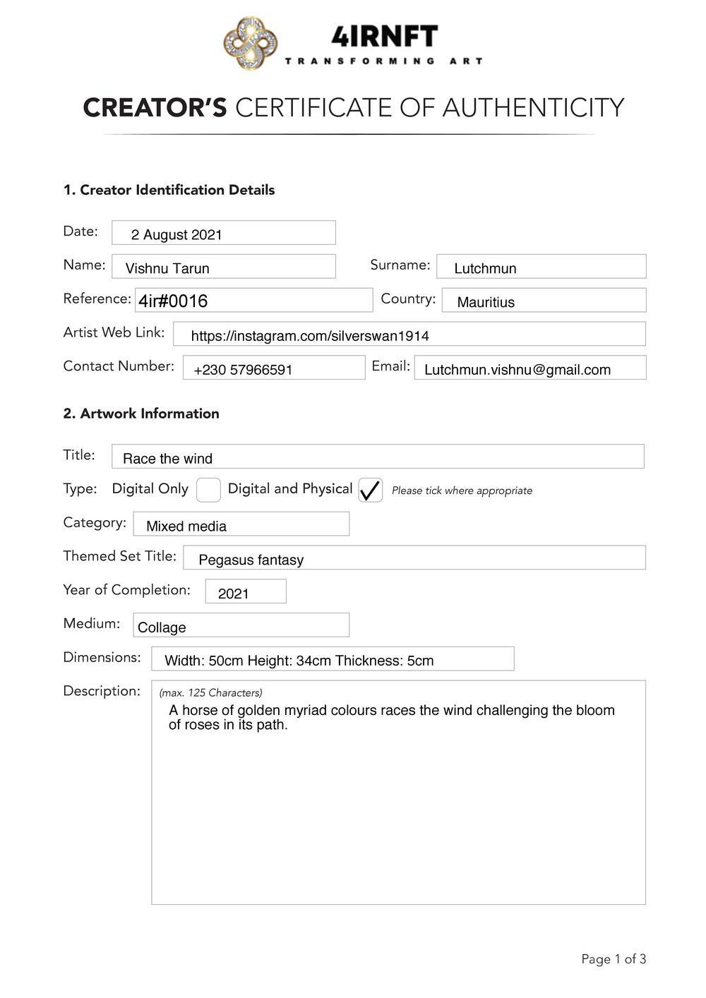 Certificate of Authenticity and Consignment Race The Wind