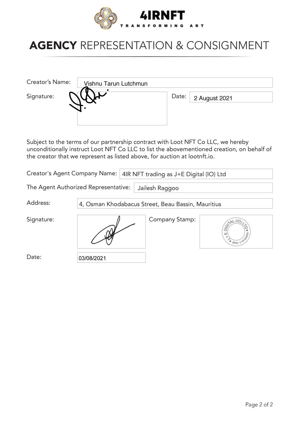 Certificate of Authenticity and Consignment Race The Wind