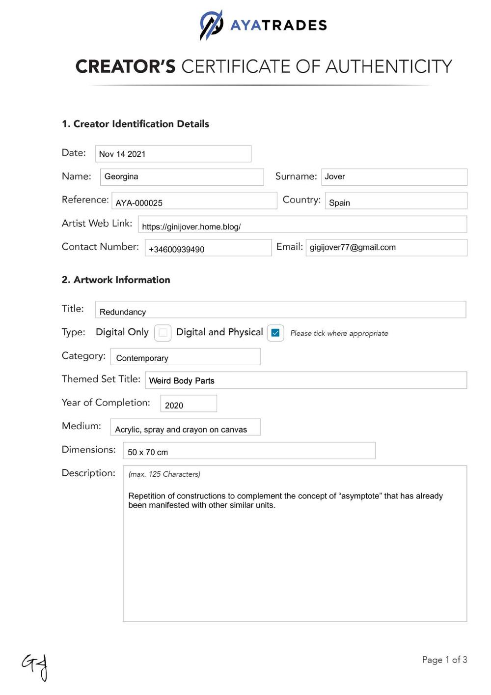 Certificate of Authenticity and Consignment - Redundancy