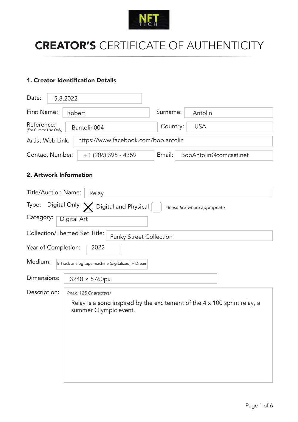 Certificate of Authenticity and Consignment - Relay