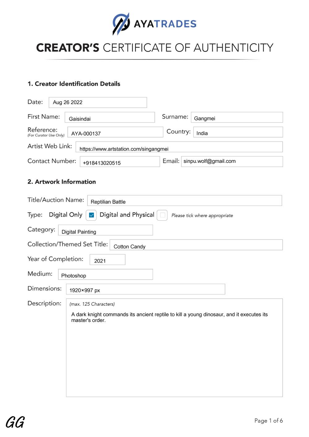 Certificate of Authenticity and Consignment - Reptilian Battle